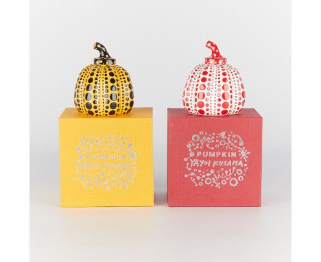 Yayoi Kusama (Japanese, b. 1929). Two painted cast resin pumpkins with Kusama's iconic dot motif; one in red and white and on
