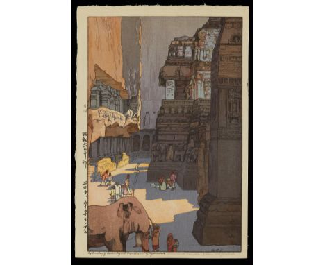 Hiroshi Yoshida (Japanese, 1876-1950). Japanese shin-hang woodblock print titled "Kailasa Temple - Ellora" depicting a Kailas