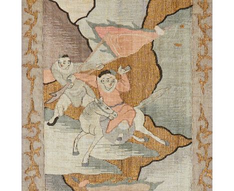 Chinese silk embroidered kesi kossu panel depicting figures on horseback weilding weapons and flags, 19th century. Carefully 