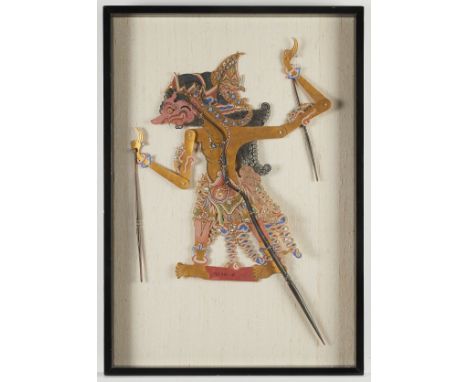 Indonesian (Balinese) shadow puppet depicting a figure of a human or a god. Polychrome leather with articulated joints and wo