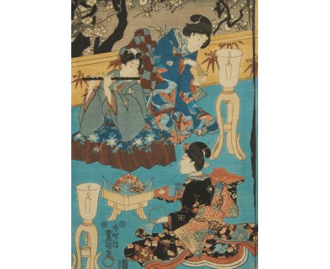 Utagawa Kunisada (Japanese, 1786-1865). Ukiyo-e woodblock print titled "Haru no yoru no on-asobi (Elegant Amusements on a Spr