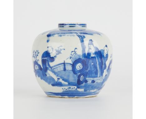 Chinese blue and white porcelain jar painted with figures in a garden.Height: 5 in x diameter: 5 1/2 in.Condition: No visible