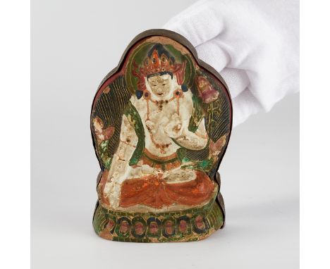 Tibetan Ming dynasty polychromed stucco figure of a Guanyin. Inscribed along the verso.Height: 4 1/2 in x width: 3 in x depth