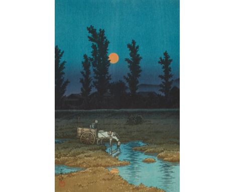 Hasui Kawase (Japanese, 1883-1957). Japanese woodblock print titled "Evening Moon at Nakaoshima" depicting a peaceful night s