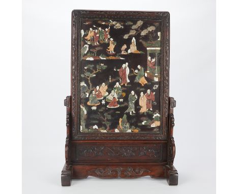 A very finely inlaid Chinese table screen with many high quality soapstone carvings of immortals in a garden landscape. The r