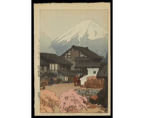 Hiroshi Yoshida (Japanese, 1876-1950). Japanese shin-hang woodblock print titled "Fujiyama from Okitsu" depicting a beautiful