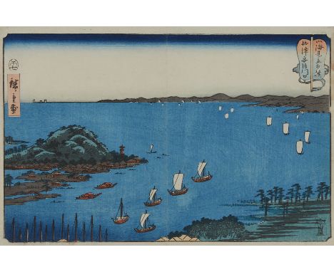 Utagawa Hiroshige (Japanese, 1797-1858). Ukiyo-e woodblock print titled "The Mouth of the Aji River in Settsu Province" from 