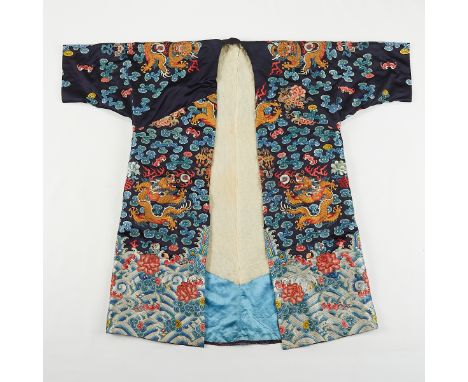 19th century Chinese silk embroidered robe decorated throughout with golden five-clawed dragons, a symbol of the imperial fam