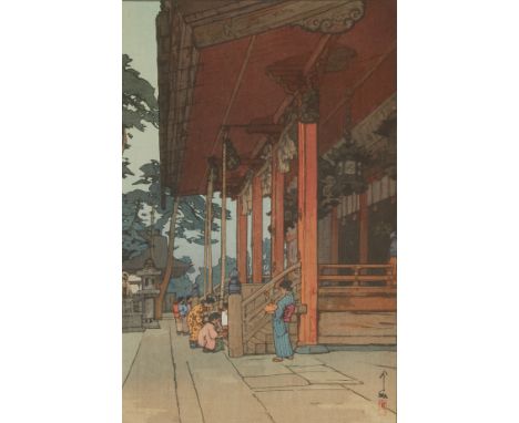 Hiroshi Yoshida (Japanese, 1876-1950). Japanese shin-hanga woodblock print titled "Yasaka jinja (Yasaka Shrine)" depicting th