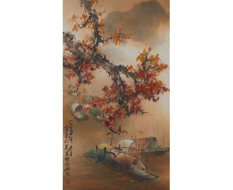 Henry Yu-Kee Woo (American/Chinese, b. 1927). Watercolor on silk painting titled "Autumn River" depicting a peaceful river sc