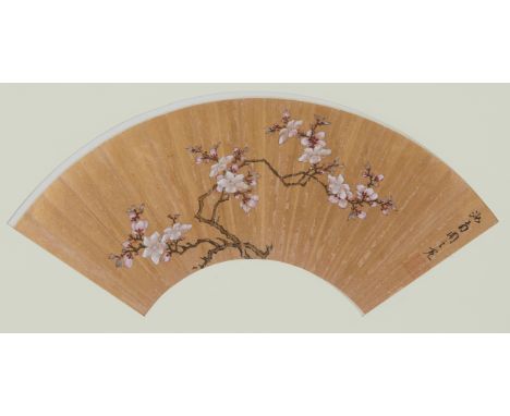 Chinese fan painting after Zhou Zhiyuan (Chinese, 17th century; late Ming). Ink and color on paper depicting a flower branch 