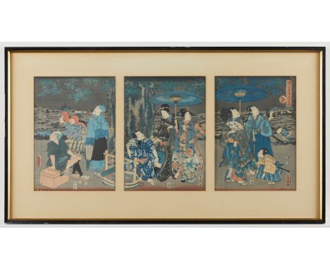 Utagawa Kunisada, also known as Utagawa Toyokuni III (Japanese, 1786-1865). Ukiyo-e Edo period woodblock print triptych. Depi