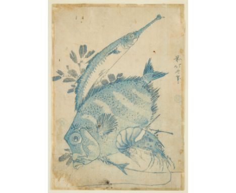 Katsushika Hokusai (Japanese, 1760-1849). Woodblock print titled "Two Fish and Shrimp" depicting the titular sea creatures in