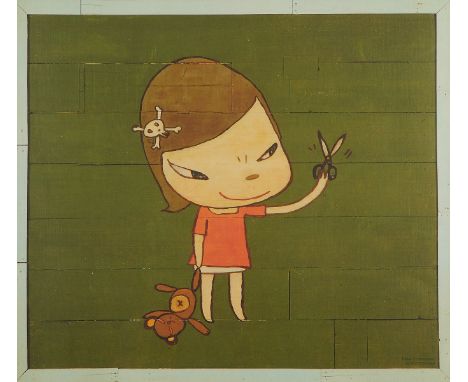 Yoshitomo Nara (Japanese, b. 1959). Offset lithograph on paper titled "Real One" depicting a young girl with a teddy bear hol