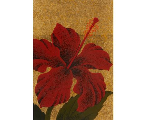 Hajime Namiki (Japanese, b. 1947). Woodblock and silkscreen on paper titled "Hibiscus" depicting a red hibiscus flower on a g