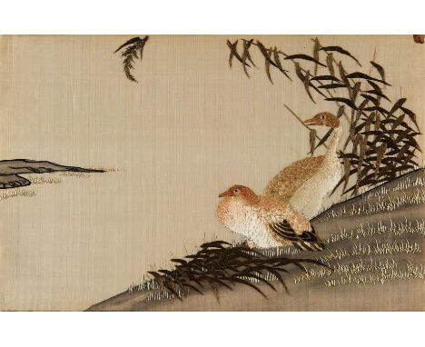 Japanese silk embroidery depicting two birds amongst foliage against an open landscape.Height: 13 1/2 in x width: 20 1/2 in.C
