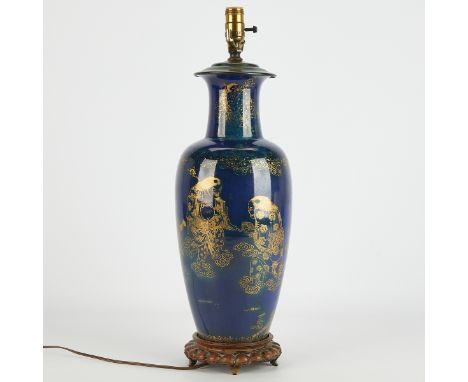 Chinese powder blue porcelain vase as a lamp. With gilt decoration depicting two figures and swirling clouds. Marked along th