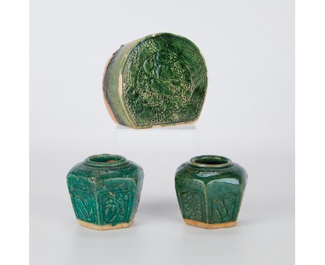 Group of three Chinese ceramics including two hexagonal Ming or Qing jars and one Jin dynasty semi-circular pillow. Each with