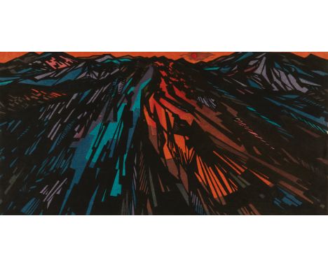 Clifton Karhu (American/Japanese, 1927-2007). Woodblock print on paper titled "Mountains II" depicting a highly contrasted mo