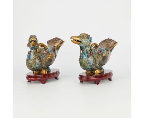 Mirror pair of Chinese copper cloisonne or champleve duck form incense burners. Enameled throughout in turquoise with green, 