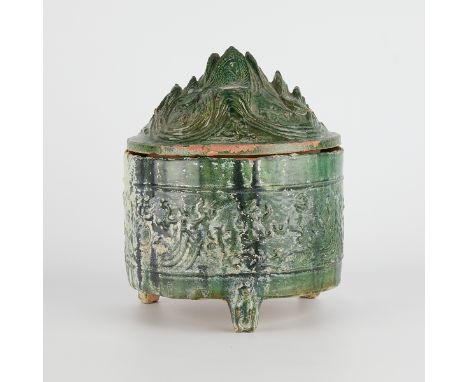 Unusually large Chinese Han dynasty green-glazed pottery boshan lu hill-form incense burner or lian. The lid molded in the sh