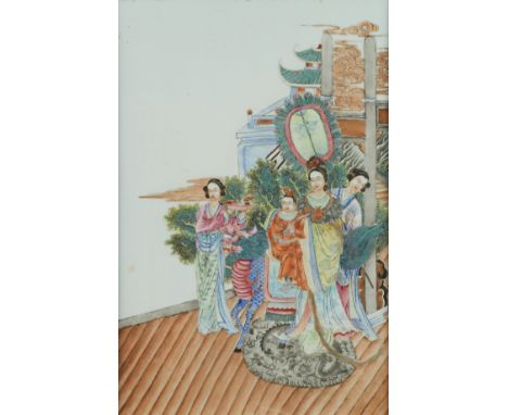 Chinese porcelain plaque depicting a procession of individuals flanked by a dragon. In an ornately carved and pierced wooden 