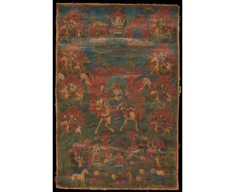 Tibetan thangka painting of Achi Chokyi Drolma, pigment on textile, likely 19th century. Depicting figures riding horses wrea