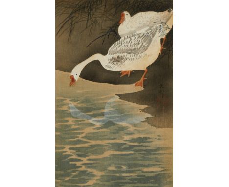 Ohara Koson (Japanese, 1877-1945). Woodblock print titled "Geese on the Bank" depicting two white geese standing at the water