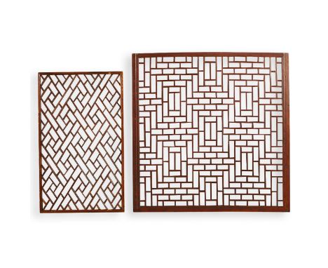 Group of two Chinese elm wood architectural wall hangings or room dividers. Each with openwork rectangular geometric designs.