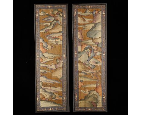 Pair of Chinese silk embroidered kesi kossu panels, 19th century. Each depicting figures and buildings in a mountainous lands