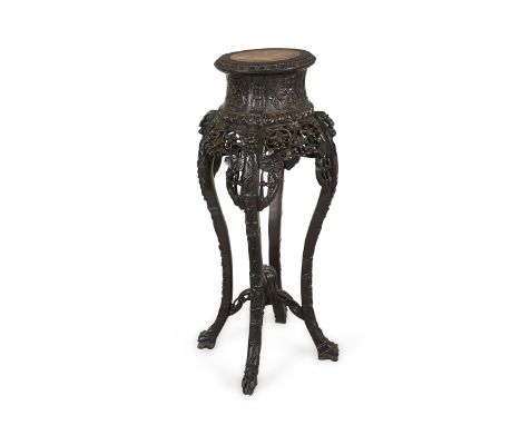 19th century Chinese export carved hardwood plant stand with detailed pierced and stretcher work. The top is inlaid with love