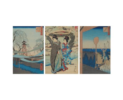 Group of three Japanese woodblock prints including:Toyohara Chikanobu (Japanese, 1838-1912). Right panel of a triptych titled