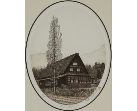 Hirohito Norikane (Japanese, b. 1949). Woodblock print on paper titled "Farm House No. 5," depicting a small farm house. Penc