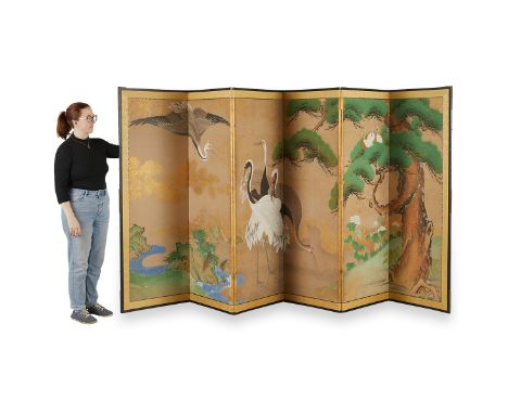 Japanese watercolor painted 6-panel floor screen. Depicting cranes gathered along the edge of a stream under the shade of a l