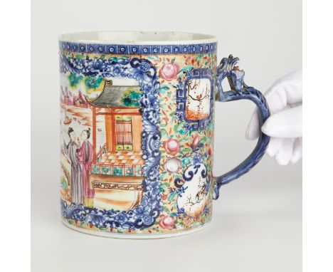 Chinese famille rose porcelain tankard or mug, mid-18th century. A large cartouche depicts a scene of a harbor with figures s