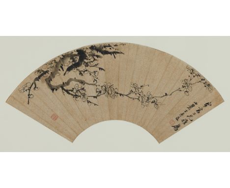 Chinese fan painting after Ding Yanchen (Chinese, 1829-1873), ca. 1860-1870. Ink and color on paper depicting a flowering bra