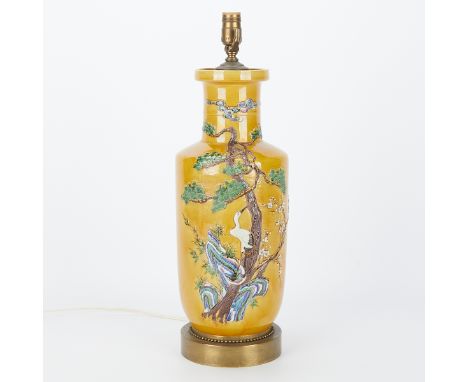 Chinese porcelain biscuit glazed mallet formed vase with applied decoration depicting a crane in a tree. The vase has been la