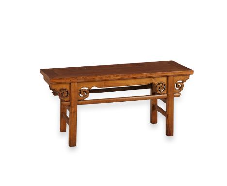 Chinese hardwood low bench. Simple unadorned top framing a two panel top, all above plain aprons and cloud-form spandrels, su