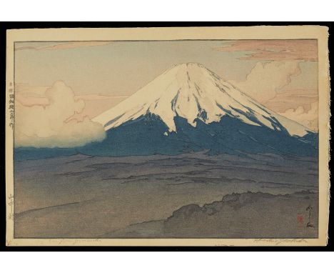 Hiroshi Yoshida (Japanese, 1876-1950). Japanese shin-hang woodblock print titled "Fuji San From Yamanaka" depicting a peacefu