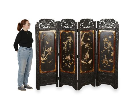 Japanese four panel floor or room screen with mother-of-pearl and bone inlay depicting wisteria and various birds, late 19th 