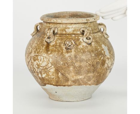 Chinese Ming dynasty shipwreck jar or pot. With applied handles along the shoulder and incised decoration throughout. With a 