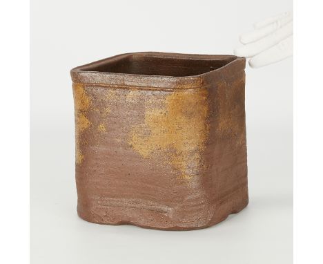 Kaneshige Toyo (Japanese, 1898-1967). Square formed Bizen ware ceramic vase or mizusashi, a fresh water pot used in tea cerem