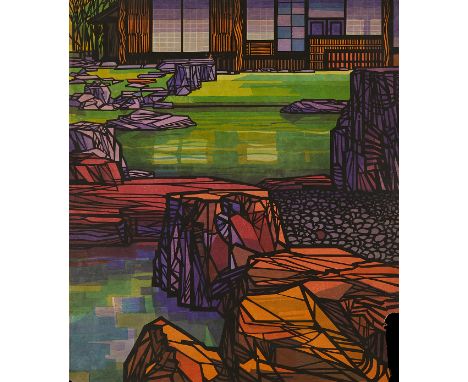 Clifton Karhu (American/Japanese, 1927-2007). Woodblock print on paper titled "Katsura Gardens" depicting a colorful landscap