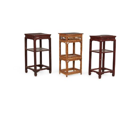 Group of three Chinese plant stands including one two-tiered spotted bamboo shelf with a black lacquer finish along the top a