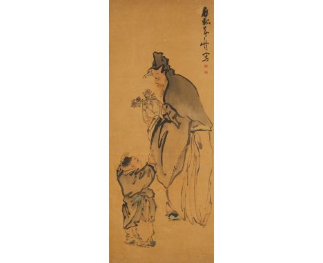 Huang Shen (Chinese, 1687-1772). Ink on paper mounted scroll painting depicting a young figure reaching up towards an elderly