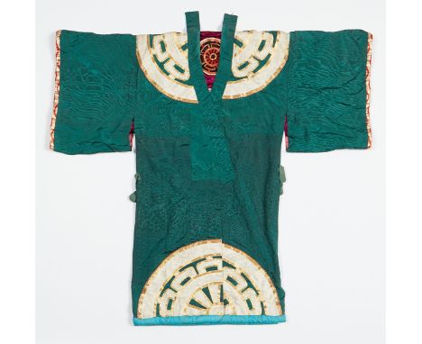 20th c. Japanese embroidered moire silk reversible robe. One side in green with white semi-circular Buddhist wheels along the