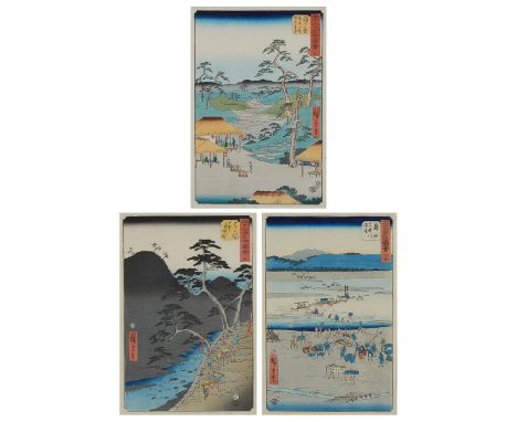 Utagawa Hiroshige (Japanese, 1797-1858). Group of three woodblock prints from the series "Gojusan tsuji meisho zue (The Fifty