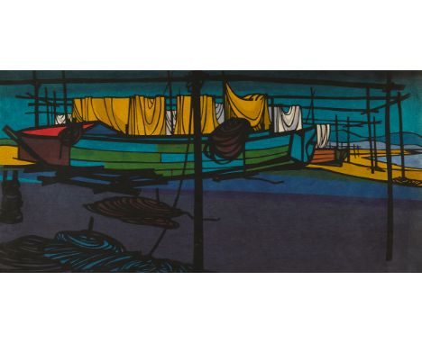 Clifton Karhu (American/Japanese, 1927-2007). One woodblock on paper print titled "Fishing Boats - Japan" depicting a peacefu