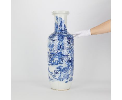 Large Chinese Republic PRC blue and white porcelain vase depicting a village landscape. Drilled as a lamp and with some damag