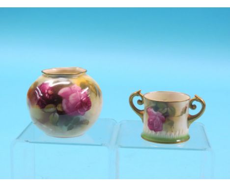 Two Royal Worcester cabinet ornaments, posy vase, 2.75in., and a two-handled mug, both finely-painted with roses